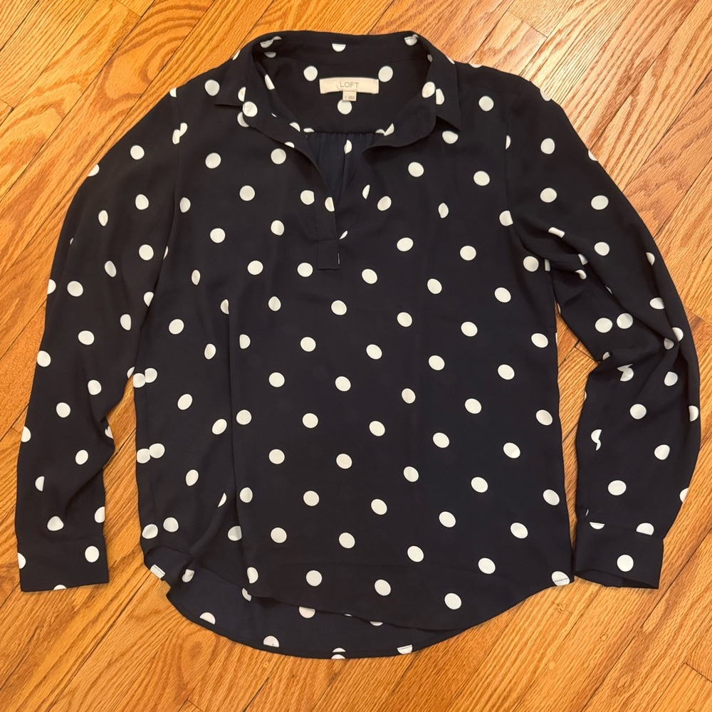LOFT | Navy Polka Dot Button Down Dress Shirt | Size S